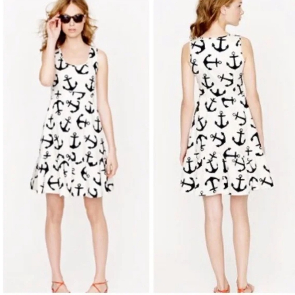 J. Crew Dizzy Anchors Dress White Navy A-Line Ruffle Nautical Cotton, Size 6